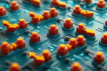 Poster - Abstract 3D Render of Orange Buttons and Arrows on Teal Circuit Board Technology Background