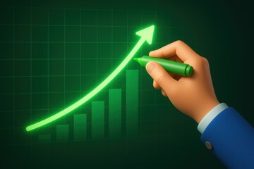 Poster - Uptrend Visualized: A hand draws a growing arrow, highlighting a successful chart, visualizing business growth, development, and progress. 