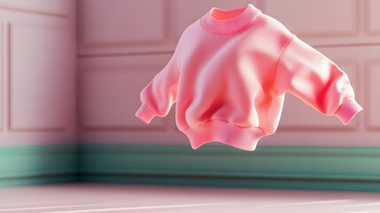 Poster - Pink sweater is floating in the air. The sweater is made of a soft, fuzzy material and has a cute, playful design. The image has a whimsical, dreamy quality to it