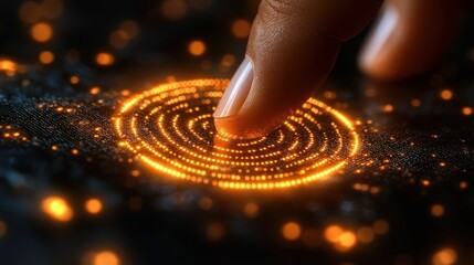 Poster - Illuminated Touch: A fingertip activates a glowing circular interface, showcasing innovative technology and futuristic design.