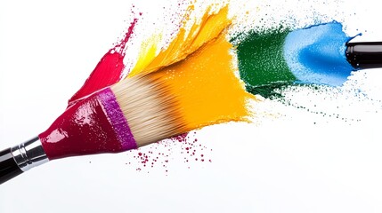 Poster - Paintbrush with a rainbow of colors splattered on it. The brush is being used to create a colorful painting
