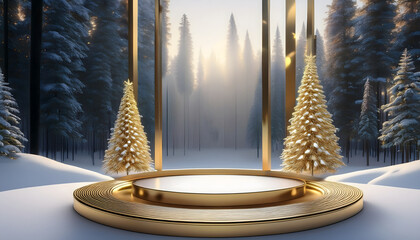 Poster - A serene winter landscape featuring golden architectural elements amidst snow-covered trees and a misty forest background