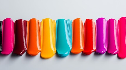 Poster - Row of colorful nail polish bottles are lined up on a table. The colors include red, orange, yellow, green, blue, and purple. The bottles are arranged in a rainbow pattern, creating a vibrant