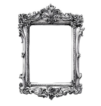 Black and white line art of an oval-shaped vintage frame, clipart on a plain background, PNG transparent
