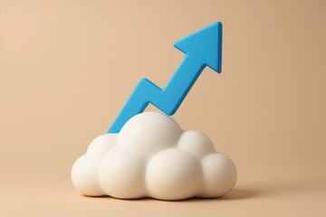 Poster - Cloud Rise: A stylized illustration of a bright blue arrow ascending from a fluffy white cloud, suggesting growth and progress against a soft background.
