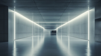 Wall Mural - Modern minimalist corridor with sleek lighting and polished surfaces in an urban setting at twilight Generative AI