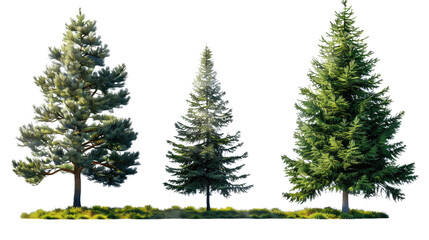 Evergreen Trio: A vibrant display of three towering evergreen trees stands in a row against a neutral backdrop, their textured branches reaching towards the sky.