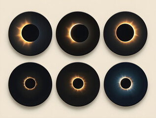 Fototapete - Set of six stylized solar eclipse designs with varying corona effects