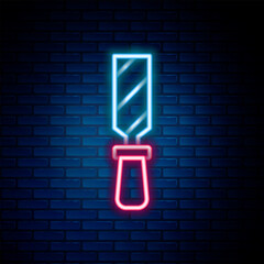 Poster - Glowing neon line Rasp metal file icon isolated on brick wall background. Rasp for working with wood and metal. Tool for workbench, workshop. Colorful outline concept. Vector