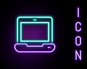 Fototapete - Glowing neon line Laptop icon isolated on black background. Computer notebook with empty screen sign. Colorful outline concept. Vector