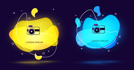Poster - Black Photo camera for diver icon isolated on black background. Foto camera icon. Diving underwater equipment. Abstract banner with liquid shapes. Vector