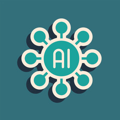 Poster - Green Neural network icon isolated on green background. Artificial intelligence AI. Long shadow style. Vector