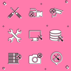 Poster - Set Crossed screwdrivers, Video camera service, Security, wrenchs, Computer monitor, Database server, and Photo icon. Vector