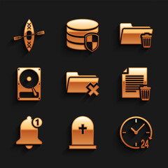 Poster - Set Delete folder, Tombstone with cross, Clock 24 hours, file document, Bell and Hard disk drive HDD icon. Vector