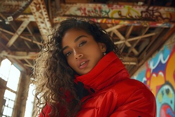 Poster - Fashion Model Posing in High-Fashion Apparel Amid Colorful Graffiti and Rustic Metal Beams in Abandoned Industrial Setting.
