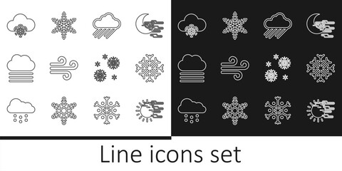 Poster - set line fog and sun, snowflake, cloud with rain, wind, cloud, snow, and icon. vector
