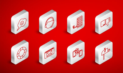Poster - Set line Open mail box, Man with headset, Server, Dislike, Chat messages on mobile, Speech bubble sad smile, Mail and e-mail and Lifebuoy icon. Vector