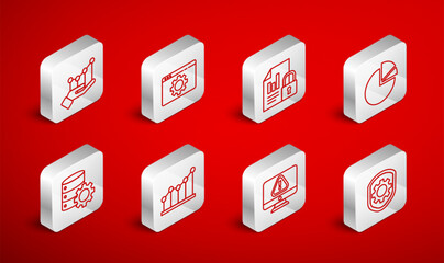 Poster - set line shield with settings gear, browser, document and lock, pie chart infographic, monitor excla