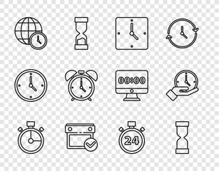 Poster - set line stopwatch, old hourglass, clock, calendar with check mark, world time, alarm clock, 24 hour