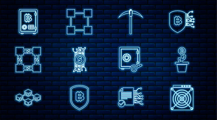 Poster - Set line ASIC Miner, Bitcoin plant the pot, Pickaxe, Cryptocurrency bitcoin circuit, Blockchain technology, Proof of stake, and icon. Vector