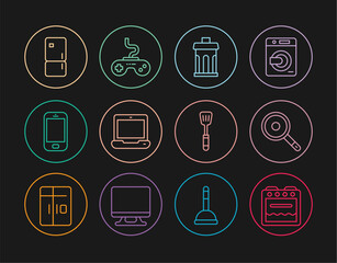 Poster - set line oven, frying pan, trash can, laptop, mobile phone, refrigerator, spatula and gamepad icon. 