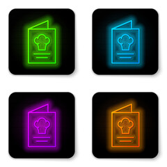 Poster - Glowing neon line Cookbook icon isolated on white background. Cooking book icon. Recipe book. Fork and knife icons. Cutlery symbol. Black square button. Vector