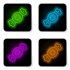 Poster - Glowing neon line Candy icon isolated on white background. Black square button. Vector