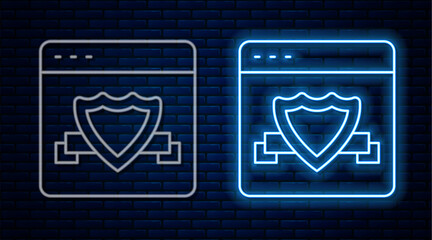 Fototapete - Glowing neon line Browser with shield icon isolated on brick wall background. Security, safety, protection, privacy concept. Vector