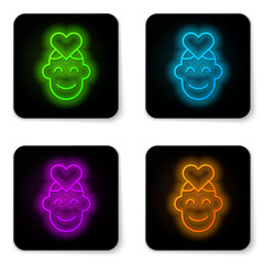 Poster - Glowing neon line Volunteer icon isolated on white background. Black square button. Vector