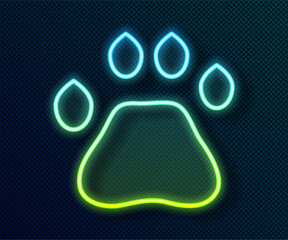 Fototapete - Glowing neon line Bear paw footprint icon isolated on black background. Vector