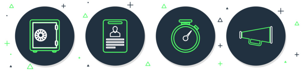 Poster - Set line Identification badge, Stopwatch, Safe and Megaphone icon. Vector