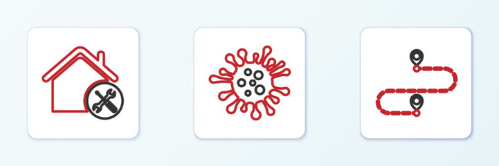Poster - set line route location, house service and bacteria icon. vector