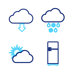 Poster - set line refrigerator, sun and cloud weather, cloud with snow rain and download icon. vector