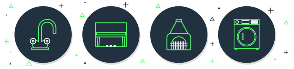 Poster - Set line Grand piano, Interior fireplace, Water tap and Washer icon. Vector