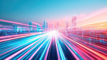 Poster - Motion blur city with futuristic panorama and cyberspace landscape concept. Dynamic cityscape with vibrant light trails at sunset.