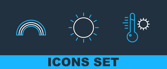 Poster - Set line Meteorology thermometer, Rainbow and Sun icon. Vector