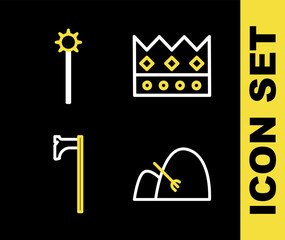 Poster - Set line King crown, Bale of hay and rake, Medieval axe and chained mace ball icon. Vector
