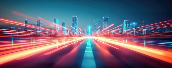 Poster - Motion blur city with futuristic skyline and digital technology concept. Futuristic cityscape with light trails and glowing skyscrapers.