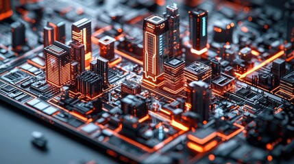 Leinwandbilder - Motion blur city with futuristic skyline and digital technology concept. Futuristic cityscape rendered on a circuit board design.
