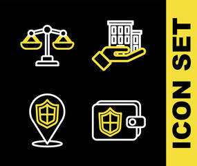 Poster - Set line House insurance, Wallet with shield, Location and Scales of justice icon. Vector