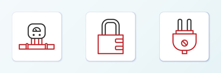 Poster - Set line Electric plug, Smart sensor and Safe combination lock icon. Vector
