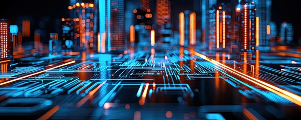 Poster - Motion blur city with futuristic skyline and digital technology concept. Futuristic cityscape with vibrant lights and digital patterns.