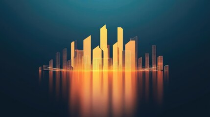 Poster - Motion blur city with futuristic skyline and digital technology concept. Stylish cityscape with glowing skyscrapers reflected on water.