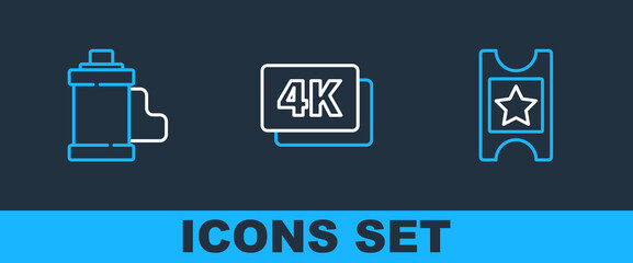 Poster - Set line Cinema ticket, Camera film roll cartridge and 4k Ultra HD icon. Vector