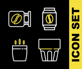 Poster - Set line Bag of coffee beans, Glass with water, Coffee cup and Street signboard icon. Vector