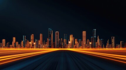Poster - Motion blur city in a digital future with technology panorama concept. Vibrant city skyline with light trails at night, showcasing urban life.