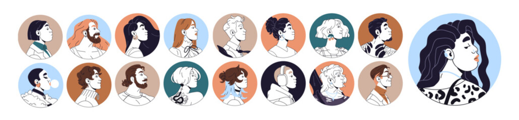 Poster - Set of outline avatars of people with round shape. Side view portraits of men and women in circle frame. Contour male, female faces in profile. Flat isolated vector illustrations on white background