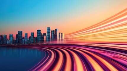 Aufkleber - Motion blur city with futuristic panorama and cyberspace landscape concept. Dynamic cityscape with colorful light trails at sunset.