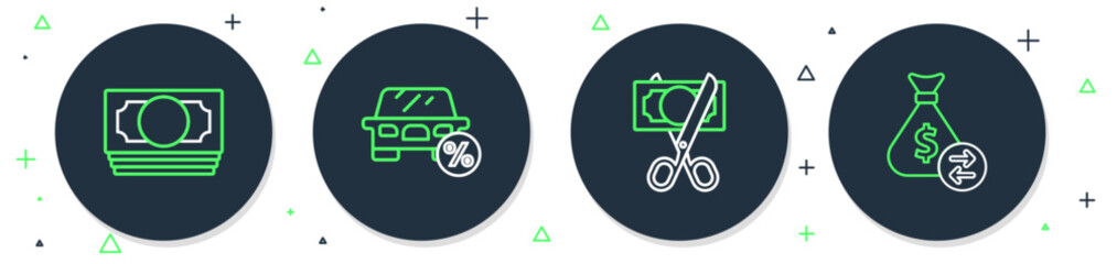 Poster - set line car leasing percent, scissors cutting money, stacks paper cash and money bag icon. vector