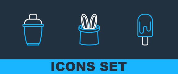 Poster - Set line Ice cream, Cocktail shaker and Magician hat and rabbit ears icon. Vector